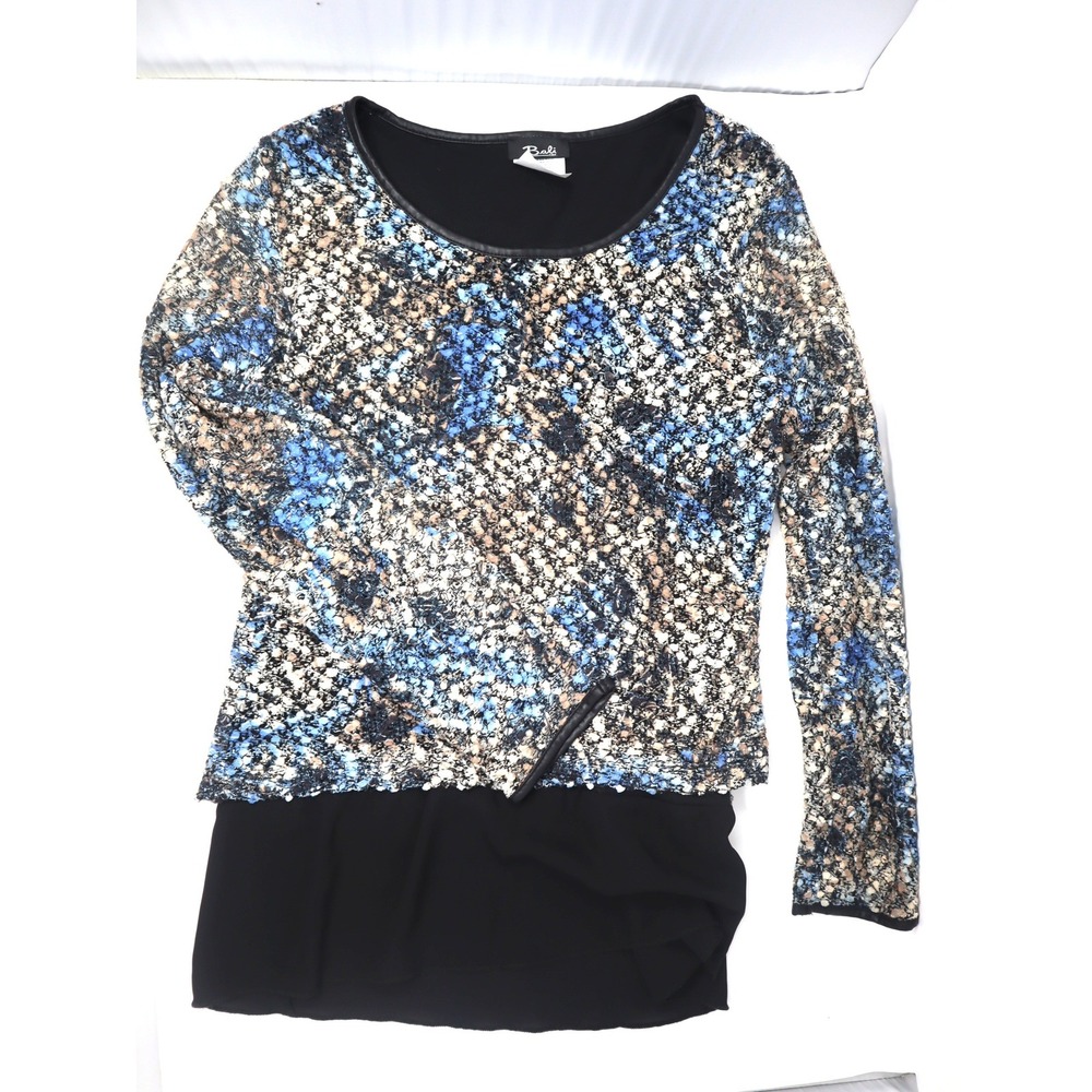 Blue Textured Knit Top M Bali Women Vintage 90s Sequin Faux Leather Trim Slubby